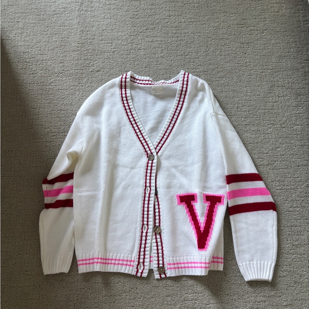 Fancy D Boutique White and Pink V-Neck Cardigan Sweater